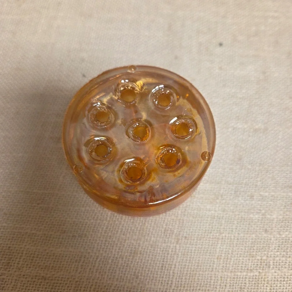 Vintage Amber Carnival Glass Flower Frog Iridescent Marigold 8 Hole Small Round